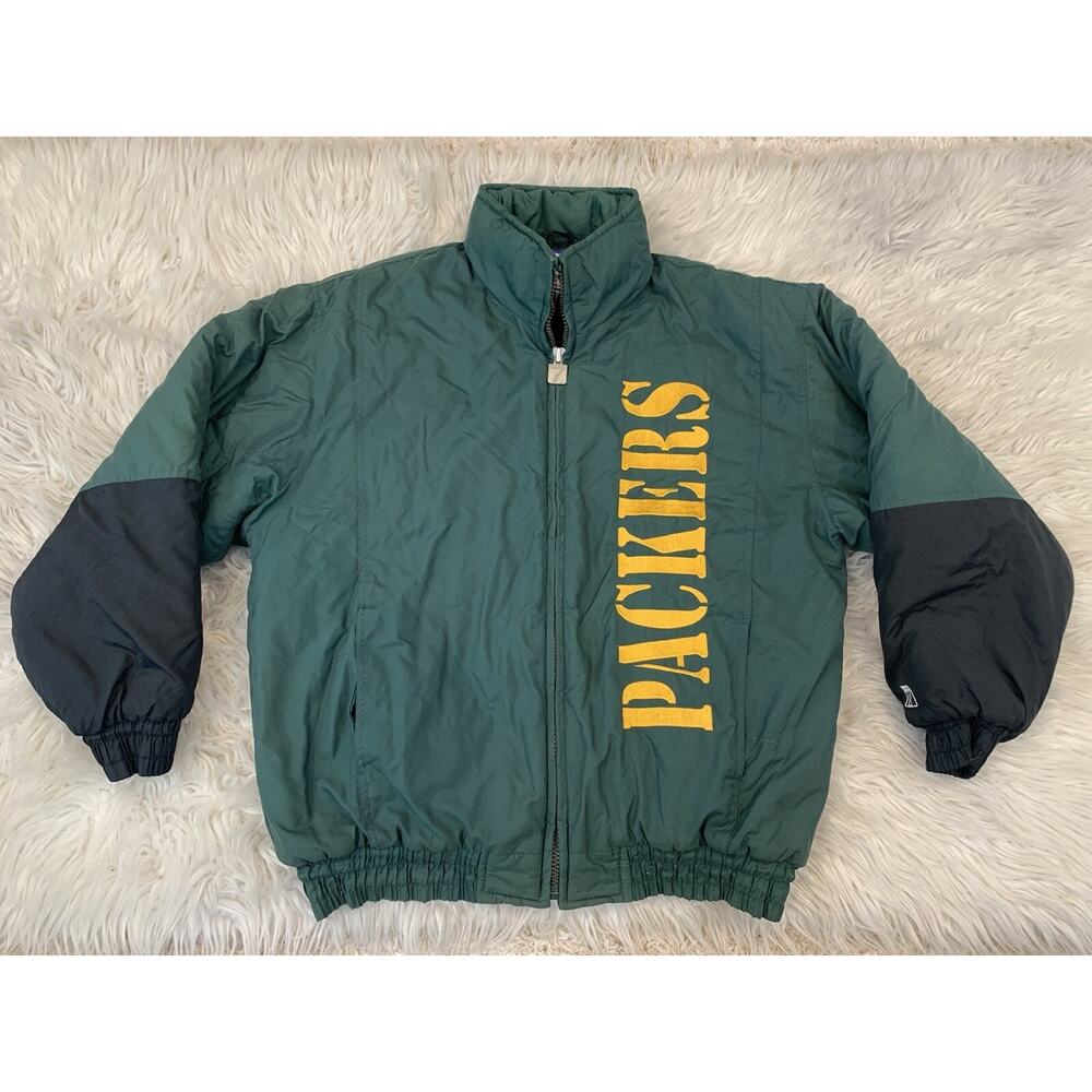 Vtg Green Bay Packers Logo 7 NFL Winter Jacket Coat Puffer Spell Out Game Day L